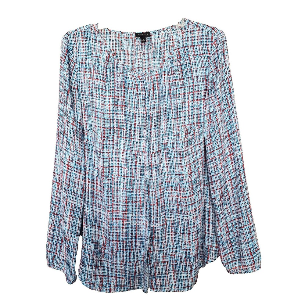 Talbots 3D Yarn Printed Scoop Neck Long Sleeve Button-Up Blouse Size Large